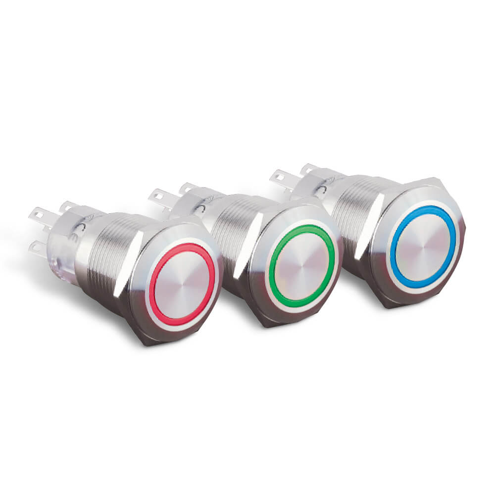 Boutons poussoirs métalliques anneau LED diamètre 19