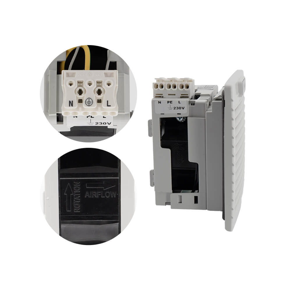 Détail ventilateur à filtre et grille coffret électrique